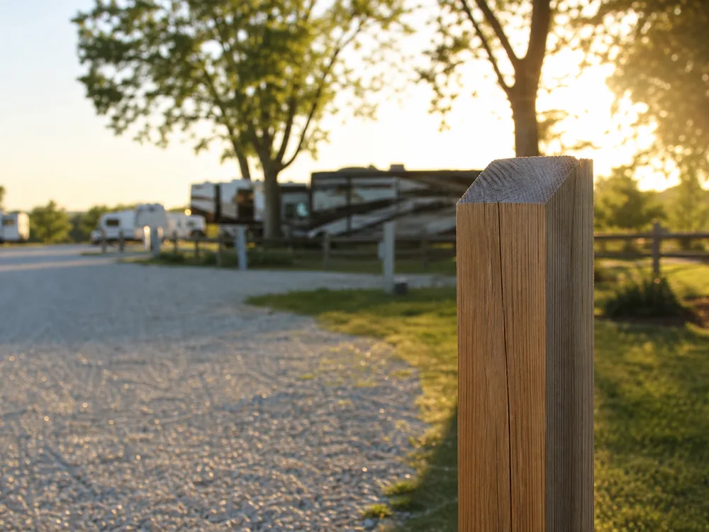 Site number marker post at an RV park in golden hour backlight