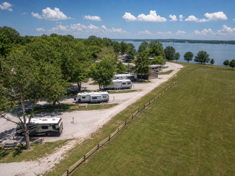 Lakeside or riverside sites at an RV park in bright midday light