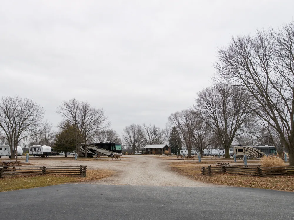 Empty off-season sites at an RV park in flat overcast light