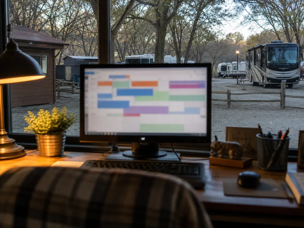 Office desk with a booking screen at an RV park in warm interior lamp light