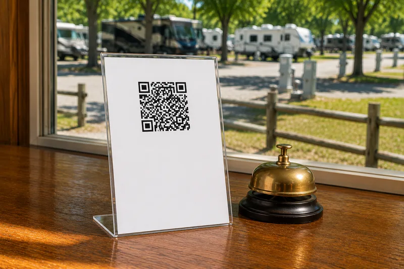Review request card in a clear stand on a check-in counter, showing a QR code and nothing else, beside a brass service bell
