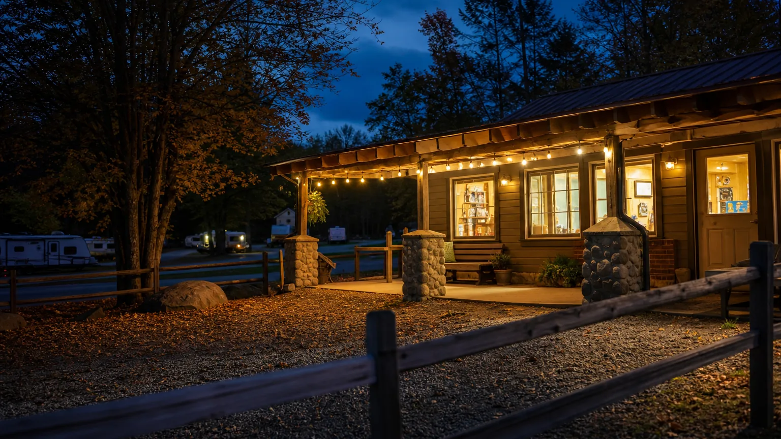 Camp store exterior lit after dark in early autumn