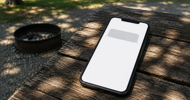 Smartphone on a weathered picnic table showing a single message bubble, a fire ring behind it