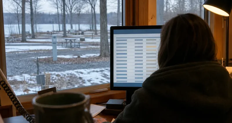 Campground booking records being reviewed on an office screen