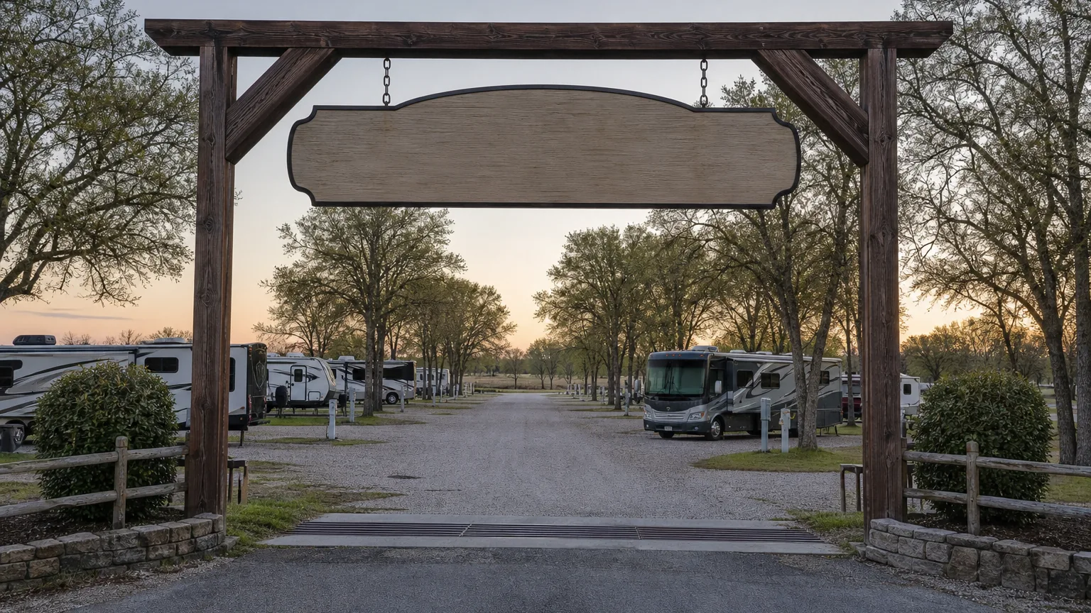 Entry gate and welcome sign at an RV park in dawn cool light