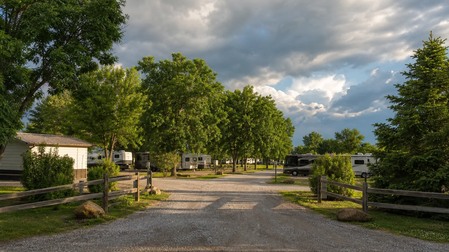 Access road toward the entrance at an RV park in storm-clearing light