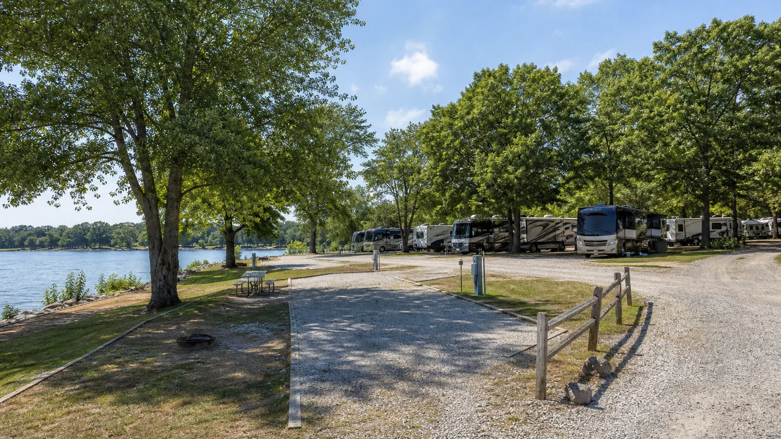 Lakeside or riverside sites at an RV park in bright midday light