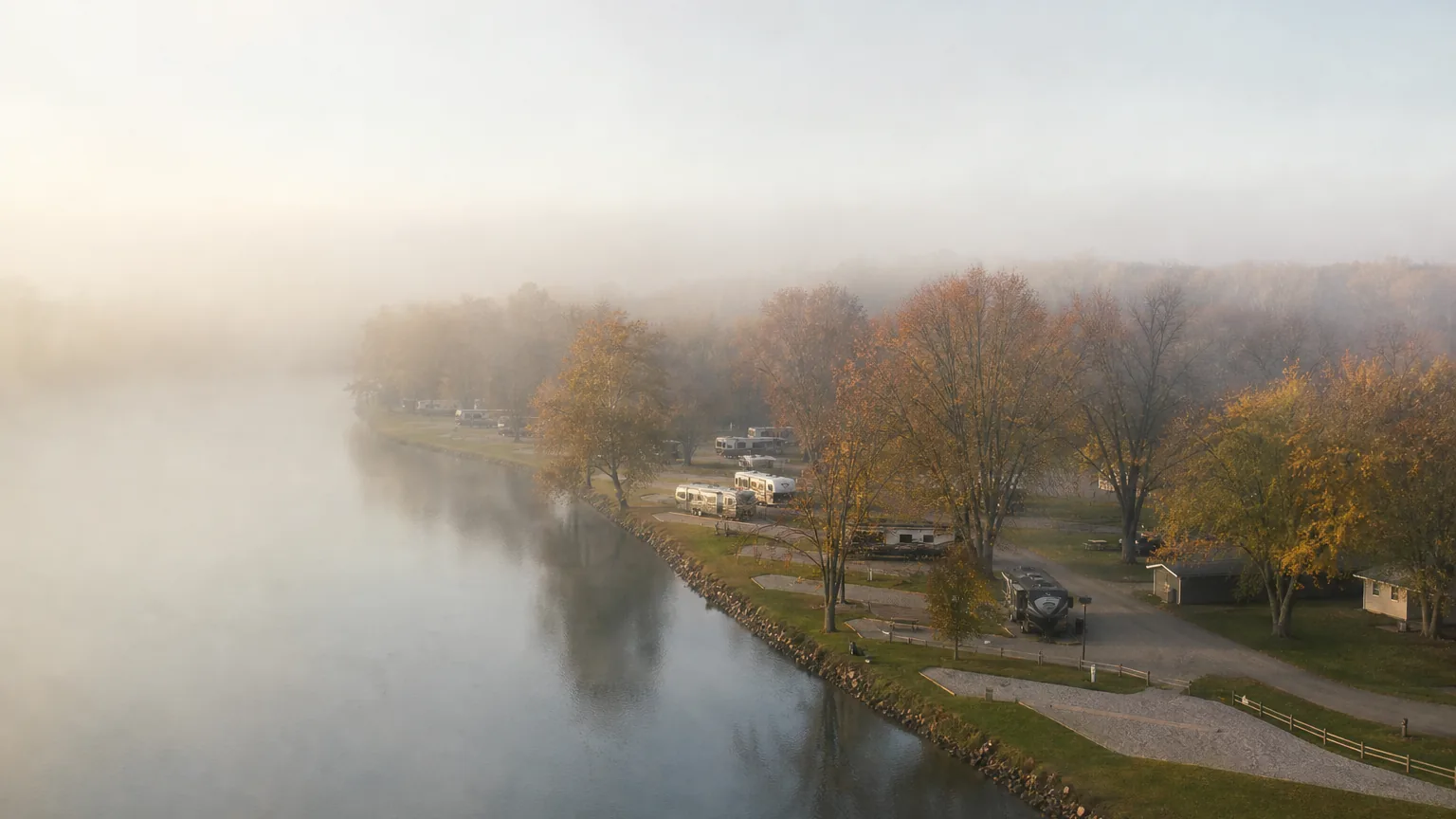 River bend with sites along it at an RV park in morning fog