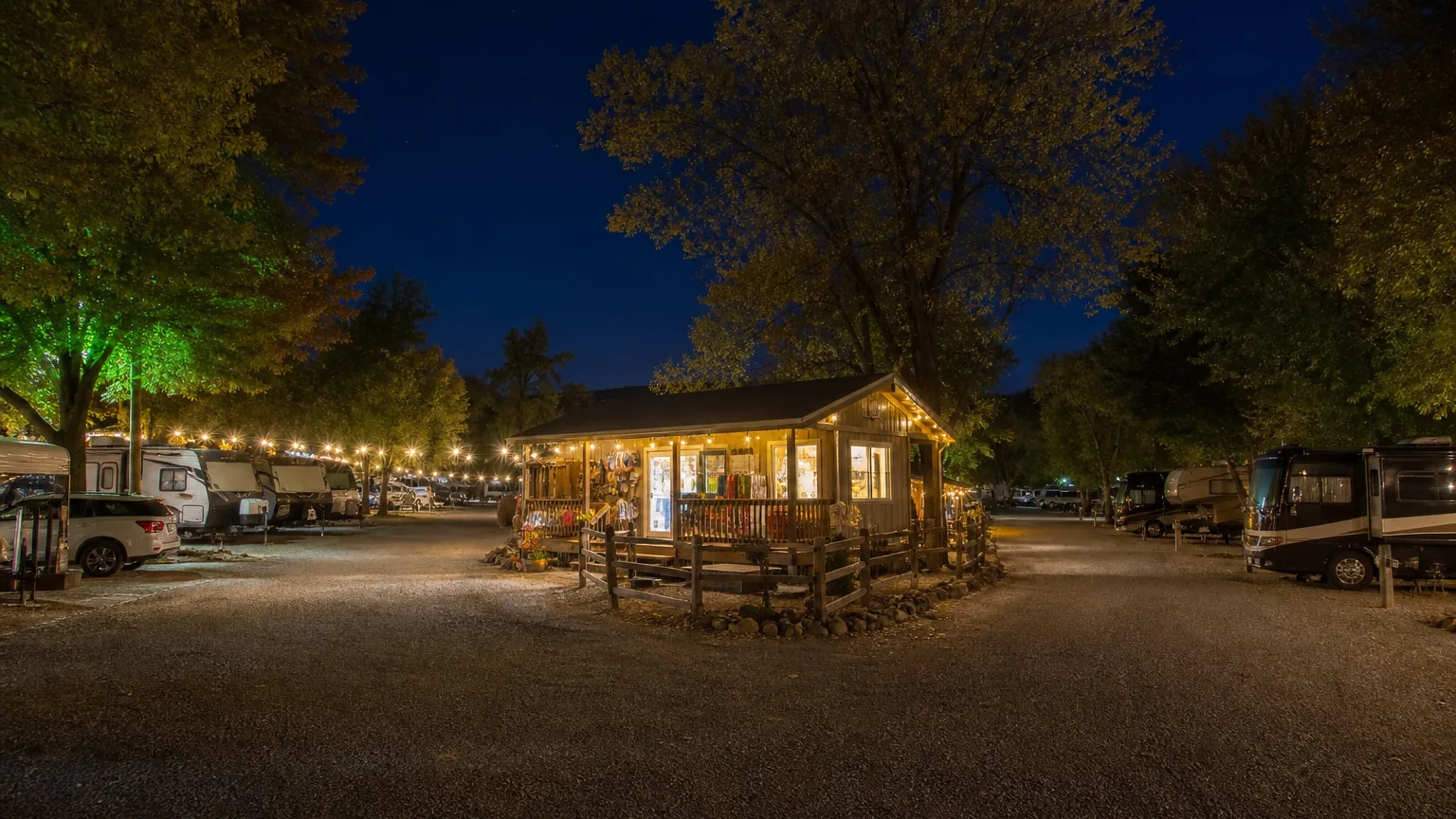 Camp store exterior at an RV park in ambient string lights