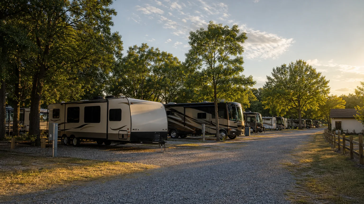 Pull-through sites at full occupancy at an RV park in golden hour low sun