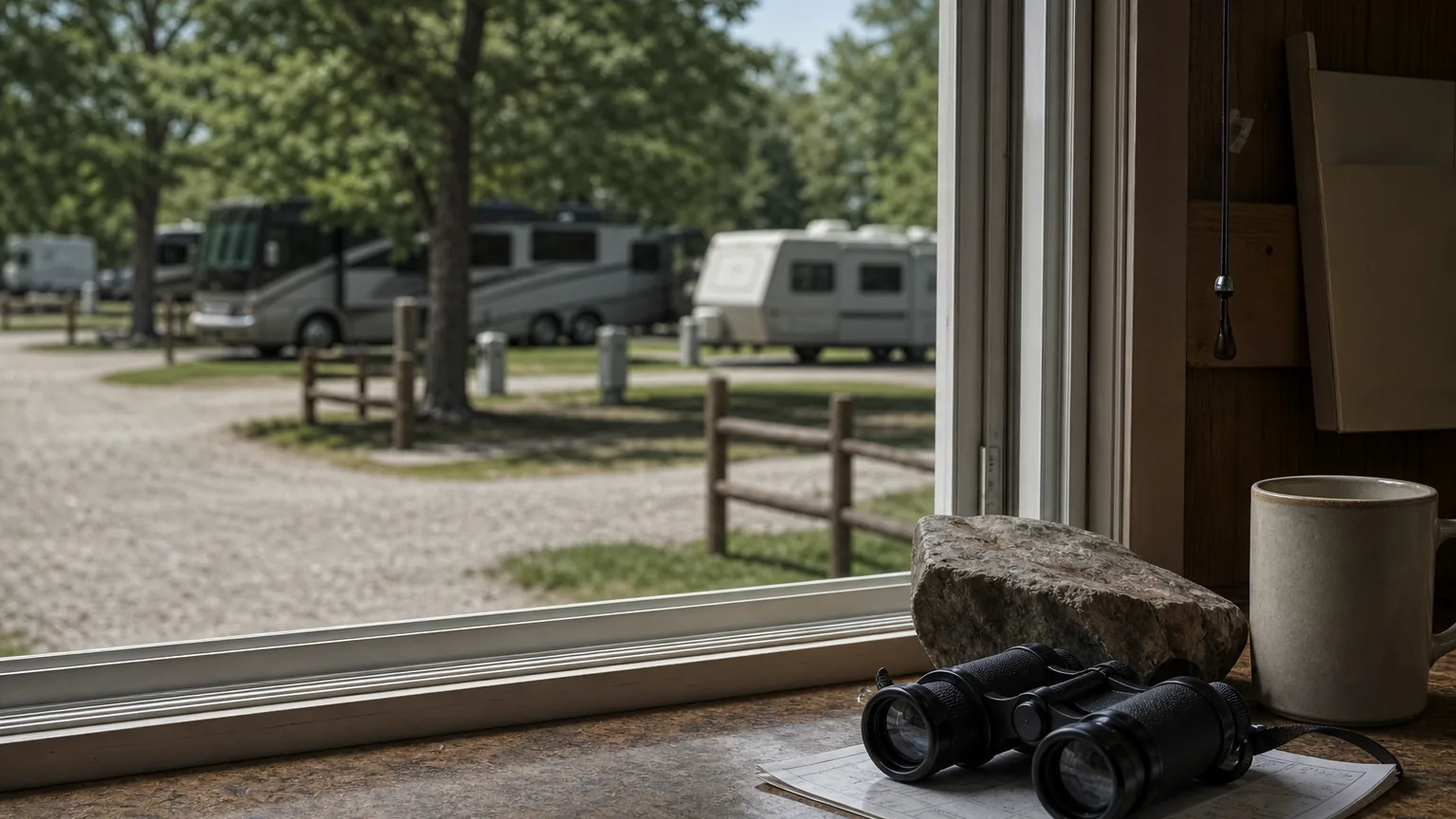 Objects on a check-in desk at an RV park in window daylight