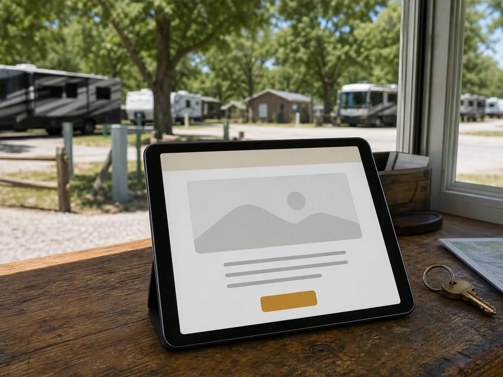 Tablet on a check-in counter showing a blank webpage layout, RV sites through the window
