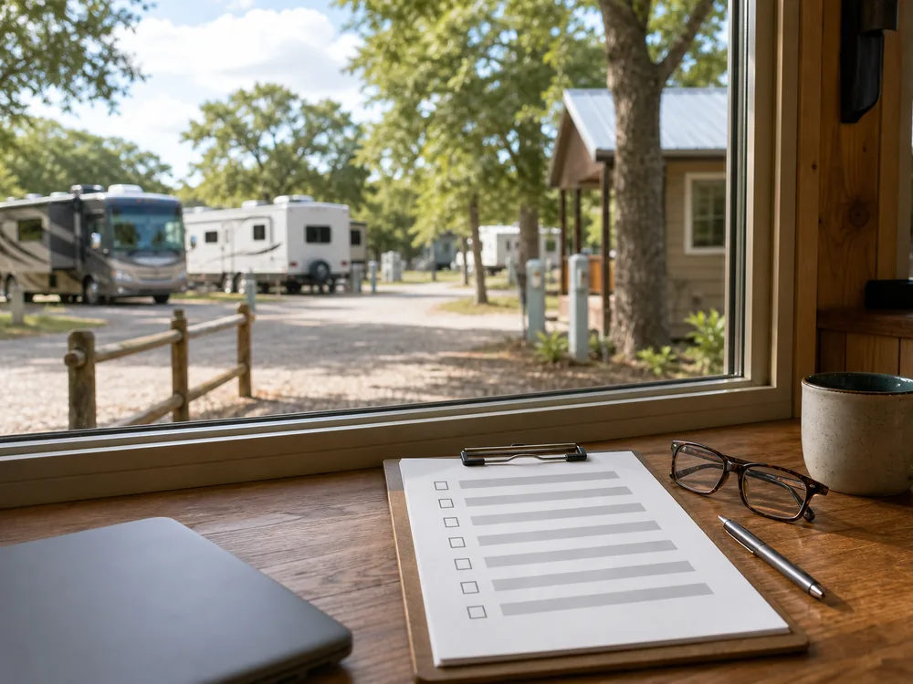 Campground office desk with a blank checklist clipboard in window daylight
