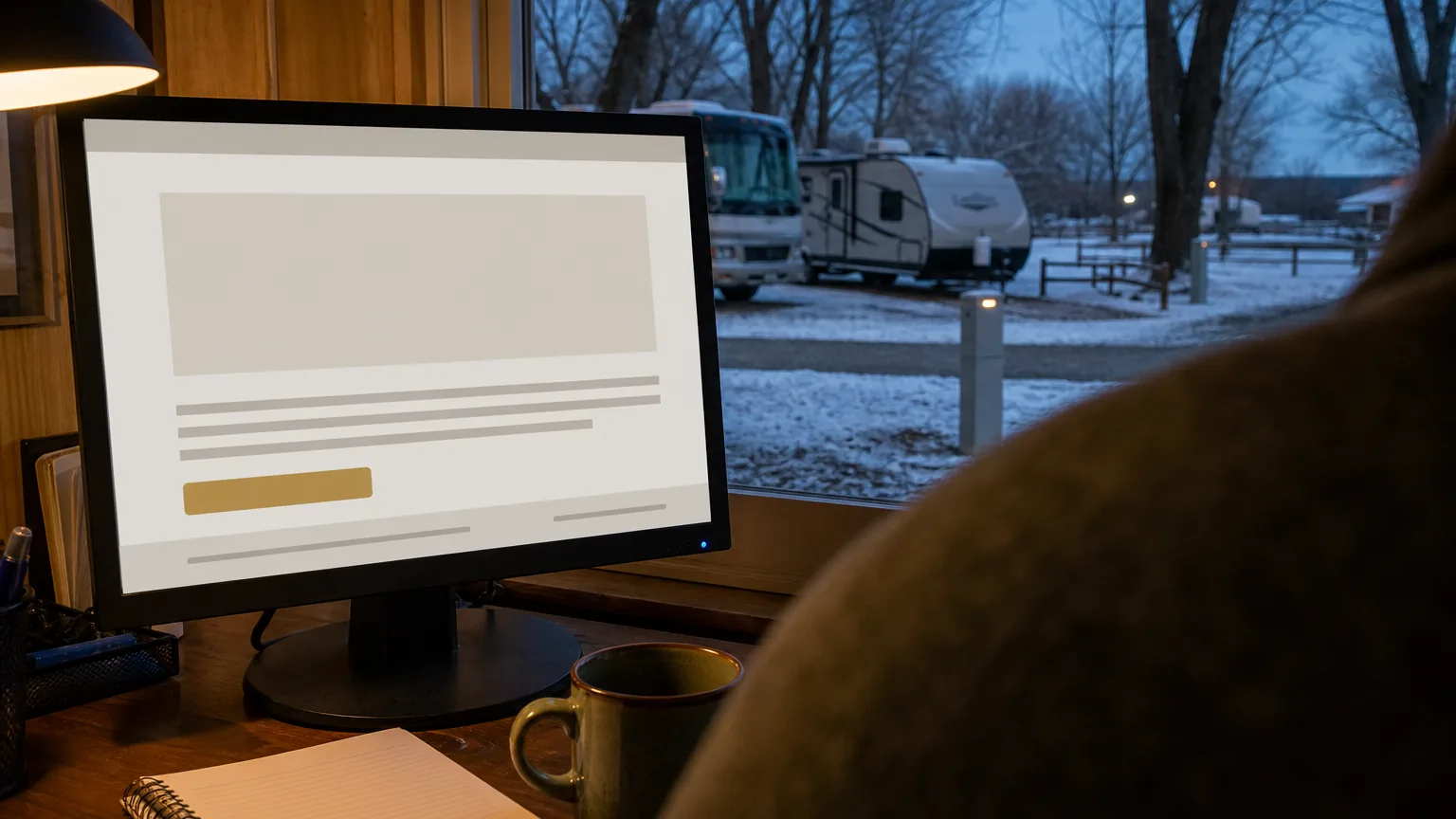 Park office desk with a booking screen under a warm lamp